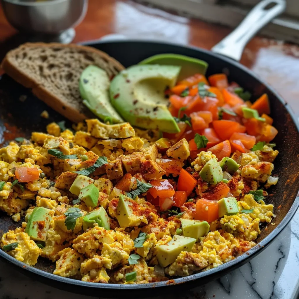 Vegan Breakfast Recipes-A skillet of scrambled tofu with vegetables.