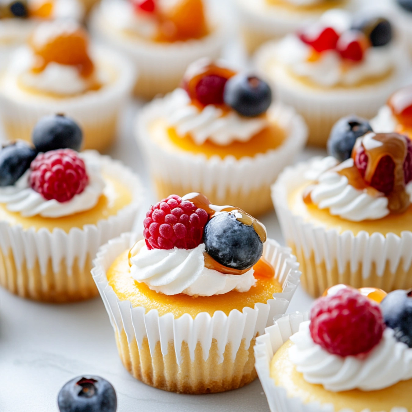 A variety of mini cheesecakes with creative toppings.