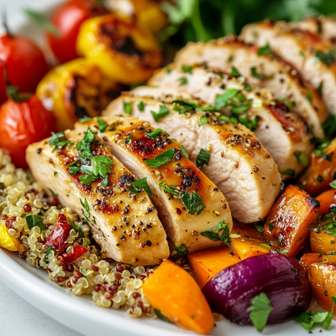 Thinly sliced chicken breasts garnished with herbs, served with roasted vegetables and quinoa.