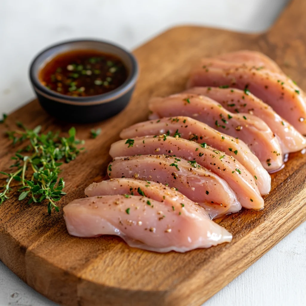 Raw thin sliced chicken breasts being seasoned with spices on a wooden cutting board.