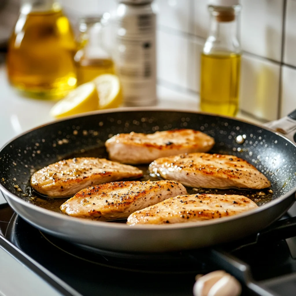 Thin Sliced Chicken Breast Recipes-Thinly sliced chicken breasts sizzling in a skillet on the stovetop with garlic and lemon nearby.