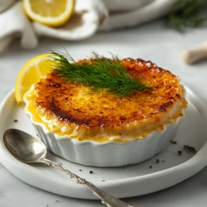 Crab Brûlée in a white ramekin with caramelized sugar crust, garnished with dill and a lemon wedge.