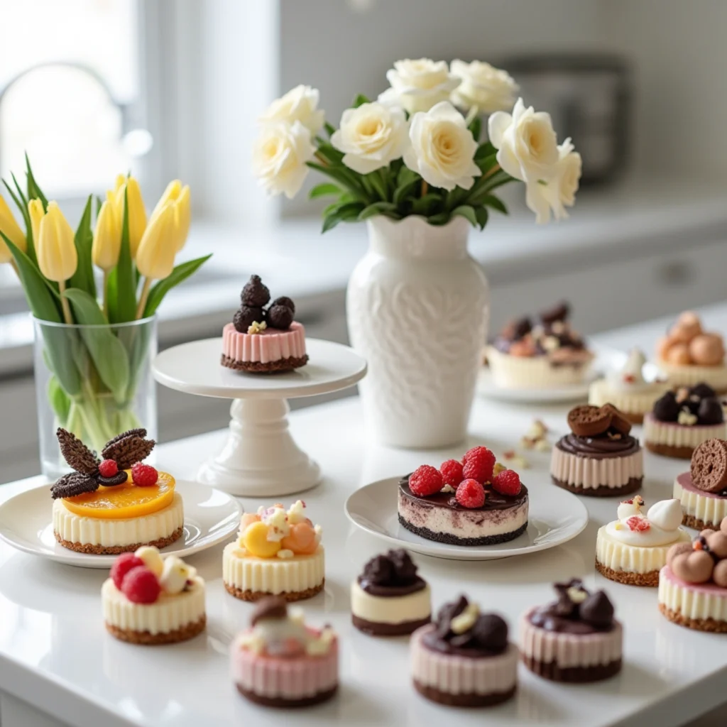 Mini cheesecakes with unique toppings displayed on a dessert table.