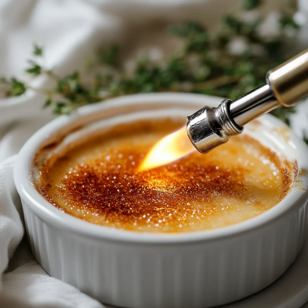 Caramelizing sugar on a Crab Brûlée with a kitchen torch, creating a golden, crackly crust.