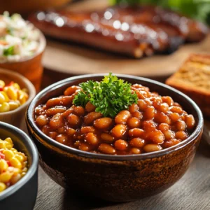 Bowl of baked beans on a rustic table with cornbread and ribs.