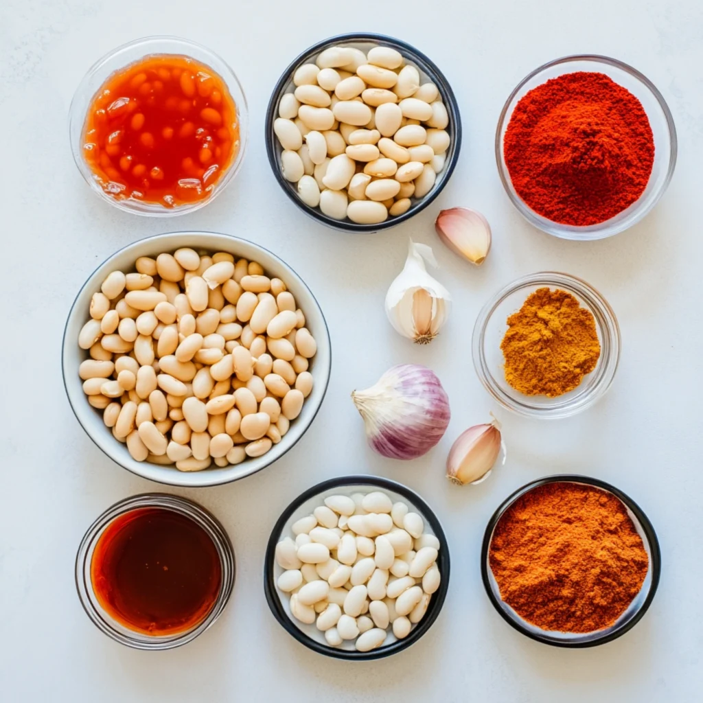 Ingredients for a classic baked beans recipe on a rustic kitchen counter.