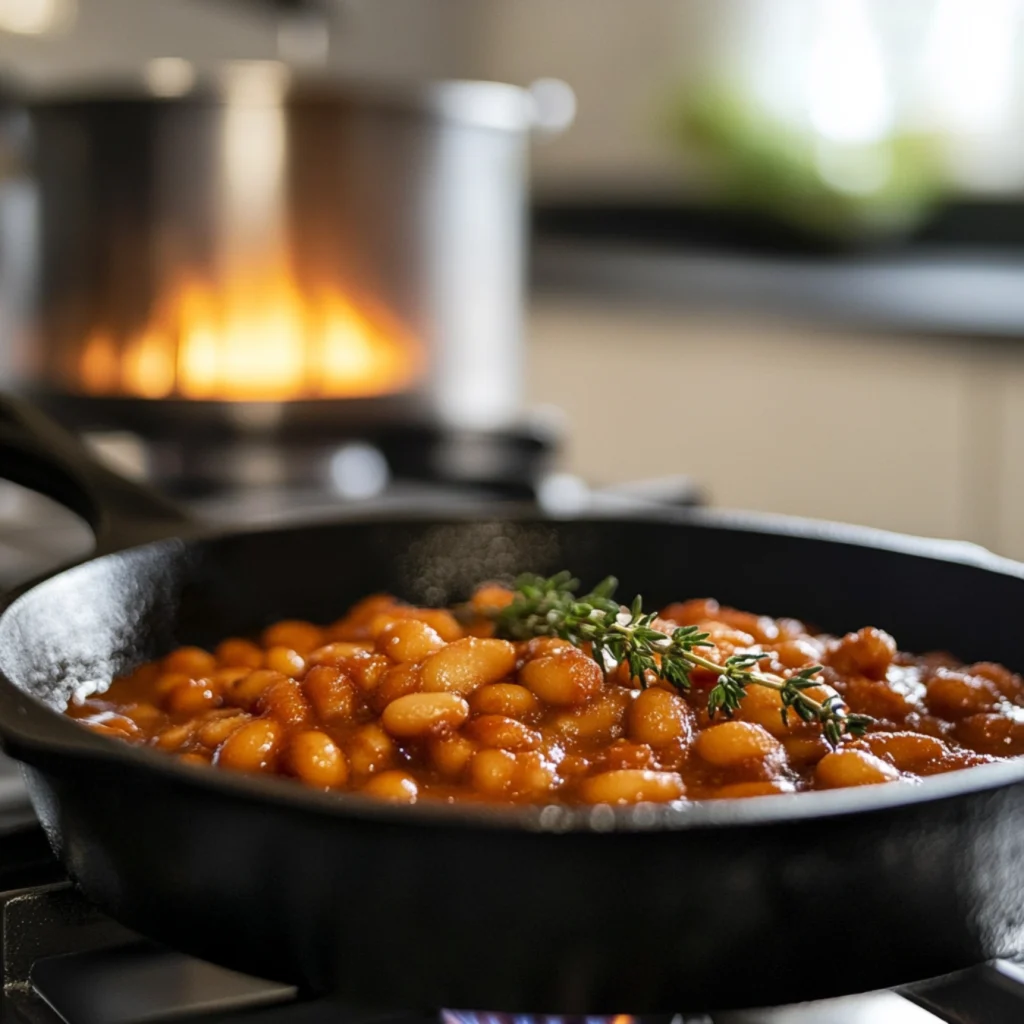 Cast-iron skillet filled with bubbling baked beans and garnished with thyme.