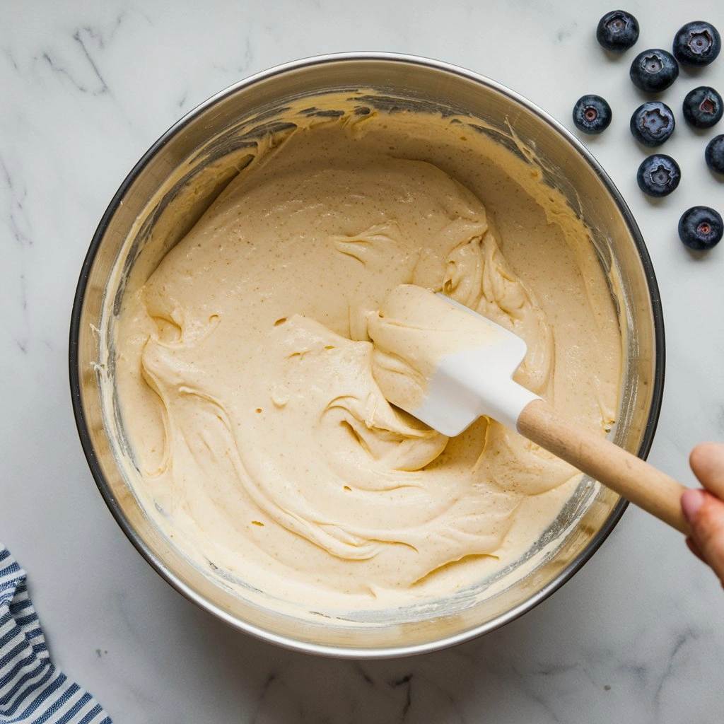 Cheesecake batter being mixed with a spatula in a bowl on a white marble countertop with blueberries nearby.