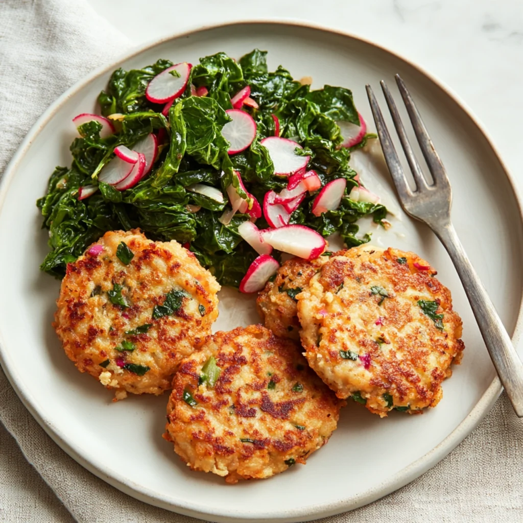 Hoe Cakes Recipe-Hoe cakes served with collard greens and fried chicken on a plate.