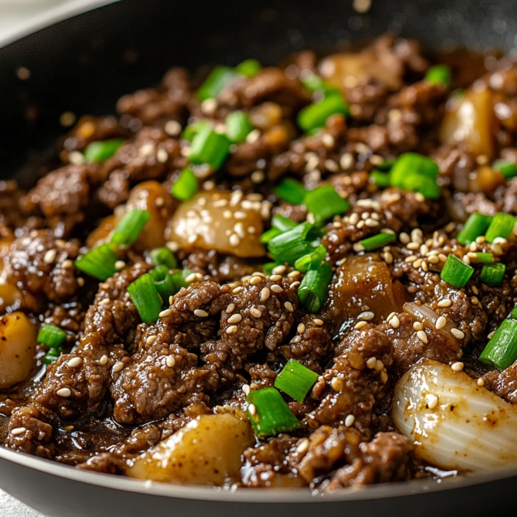 Ground Beef Bulgogi Recipe-Skillet with ground beef bulgogi cooking in rich sauce.