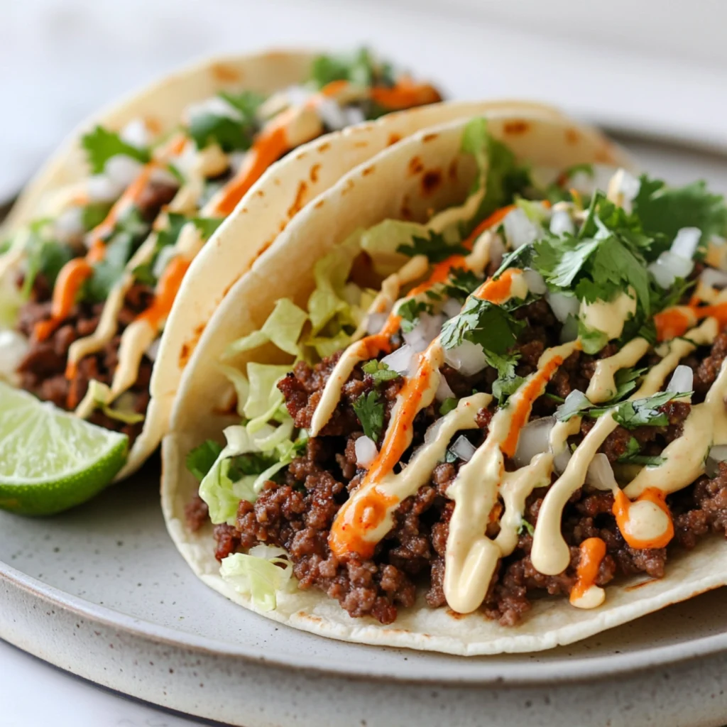 Ground beef bulgogi tacos with spicy mayo and lime on a wooden board.