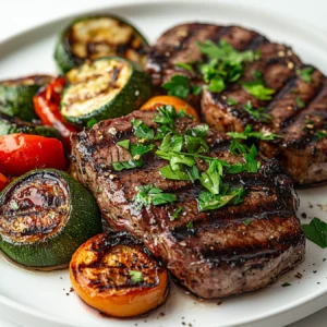 Perfectly grilled beef fillets garnished with fresh parsley and served with grilled vegetables on a stylish plate in a white kitchen.