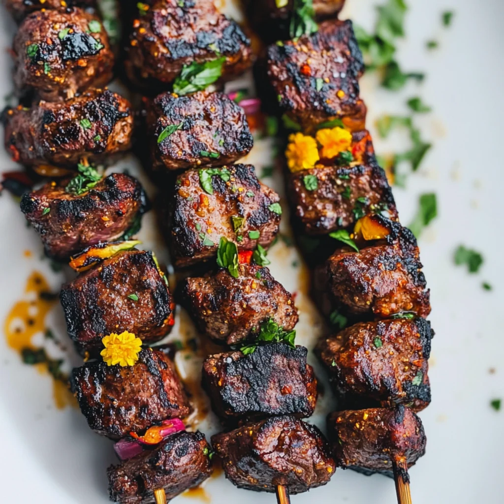 Beef Heart Recipe-Close-up of charcoal-grilled beef skewers, seasoned with spices and char marks, styled creatively in a vibrant outdoor setting.