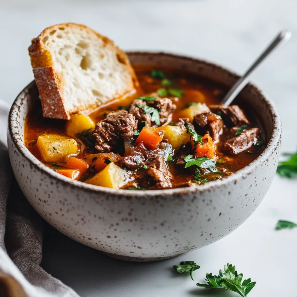 A hearty soup with tender beef, carrots, and potatoes in a rich broth, served in a rustic bowl with a slice of crusty bread in a white kitchen.