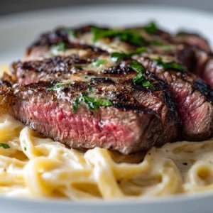 Ribeye steak sliced over creamy fettuccine Alfredo