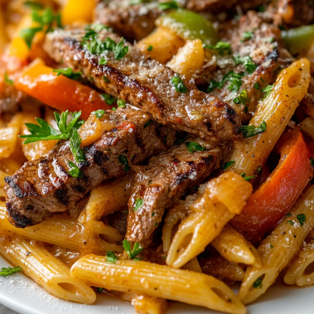 Spicy Cajun steak pasta with penne and bell peppers