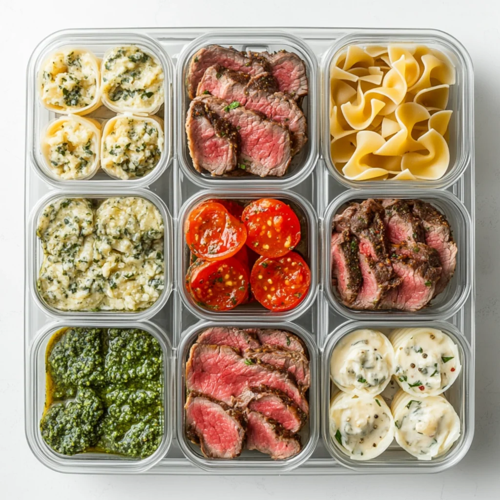 Steak and Pasta Recipes-Meal prep containers with steak and pasta in different sauces
