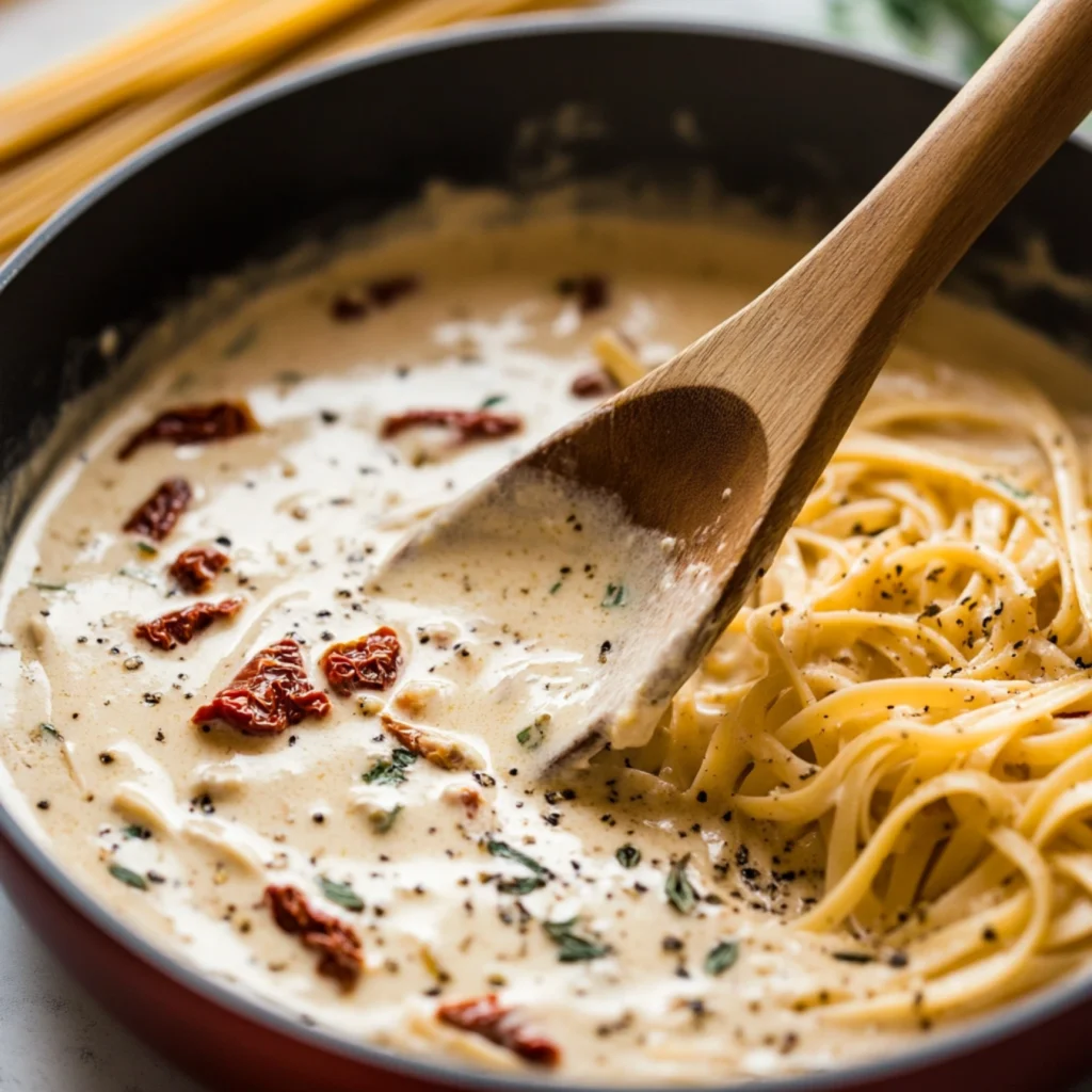 Marry Me Pasta Recipe-Skillet of creamy Marry Me Pasta sauce with sun-dried tomatoes.