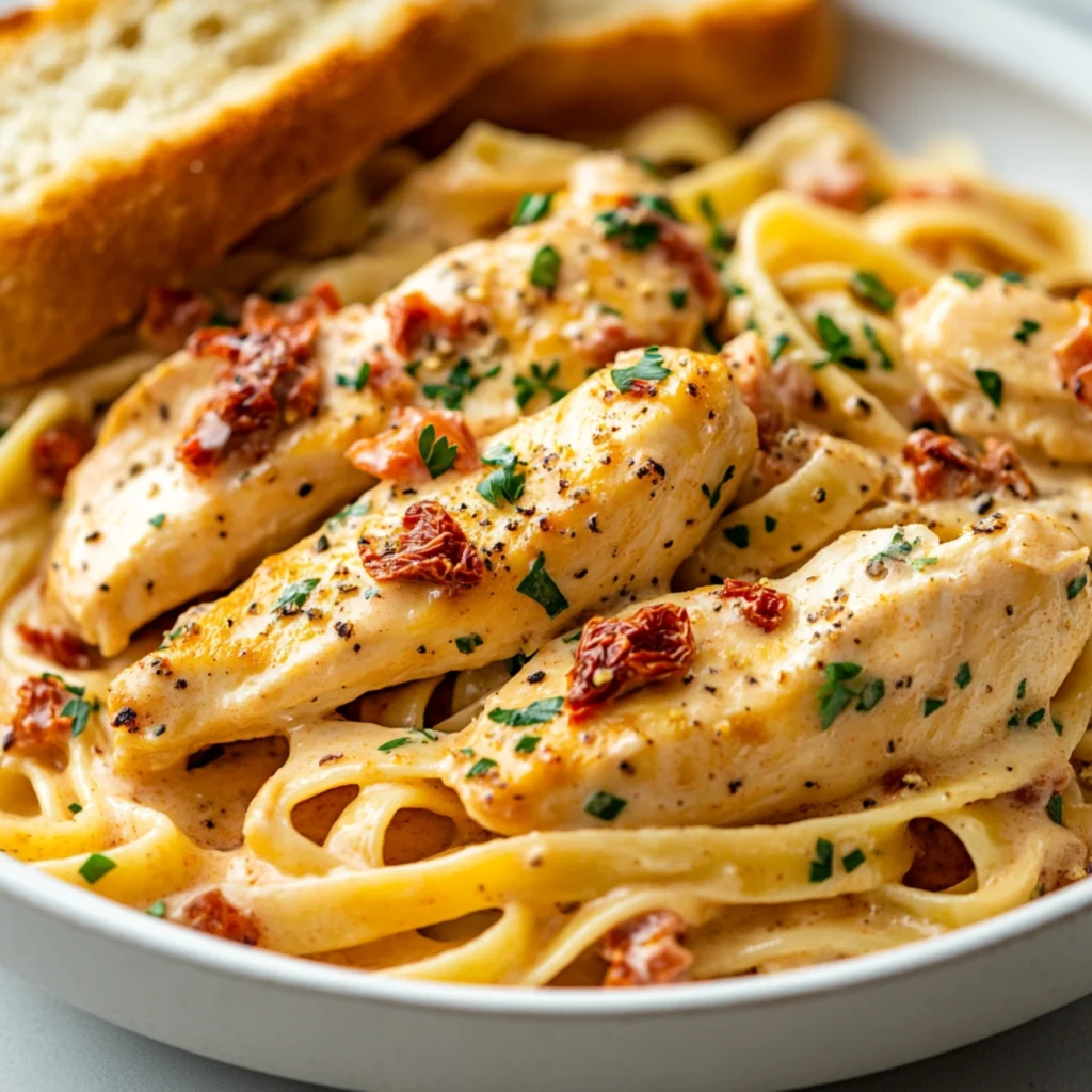 Marry Me Chicken Pasta with creamy sauce and garlic bread.