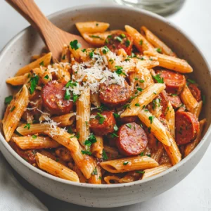 Side view of mezze penne rigate pasta with kielbasa slices, garnished with fresh parsley and Parmesan cheese, served in a white kitchen setting.