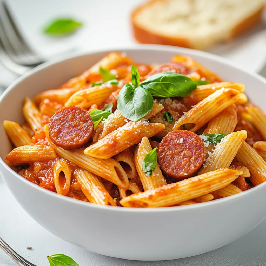 kielbasa recipes with pasta-Close-up of penne pasta in rich tomato sauce, topped with golden brown kielbasa slices and fresh basil, served in a white ceramic bowl with garlic bread in the background.