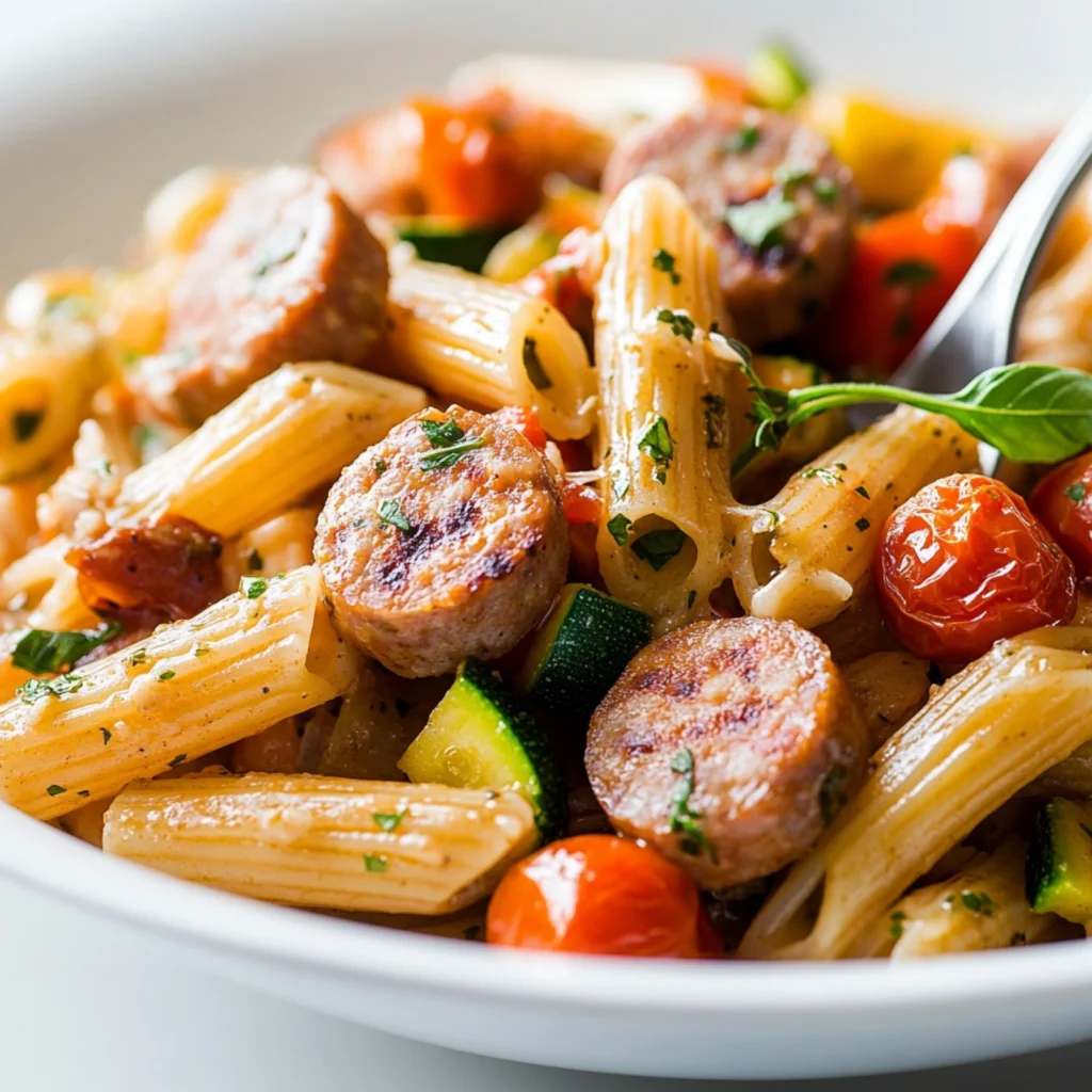 Close-up of whole wheat mezze penne rigate pasta mixed with grilled sausage, cherry tomatoes, zucchini, and bell peppers in a light olive oil sauce, served on a white plate with a fork twirling pasta.