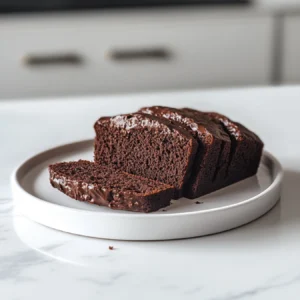 Freshly sliced homemade chocolate bread on a minimalist plate in a white kitchen.