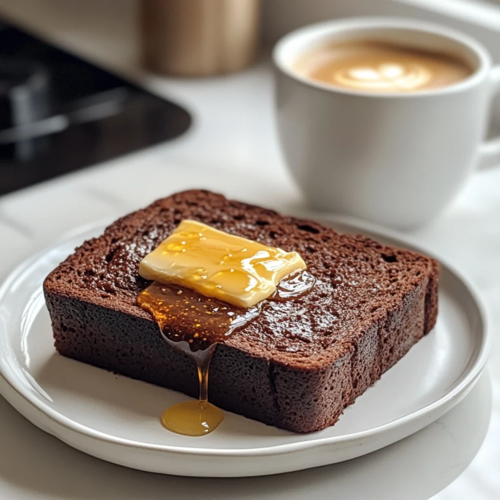 Chocolate bread with butter and honey on a plate.