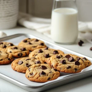 Freshly baked chocolate chip cookies on a wooden tray with a glass of milk.