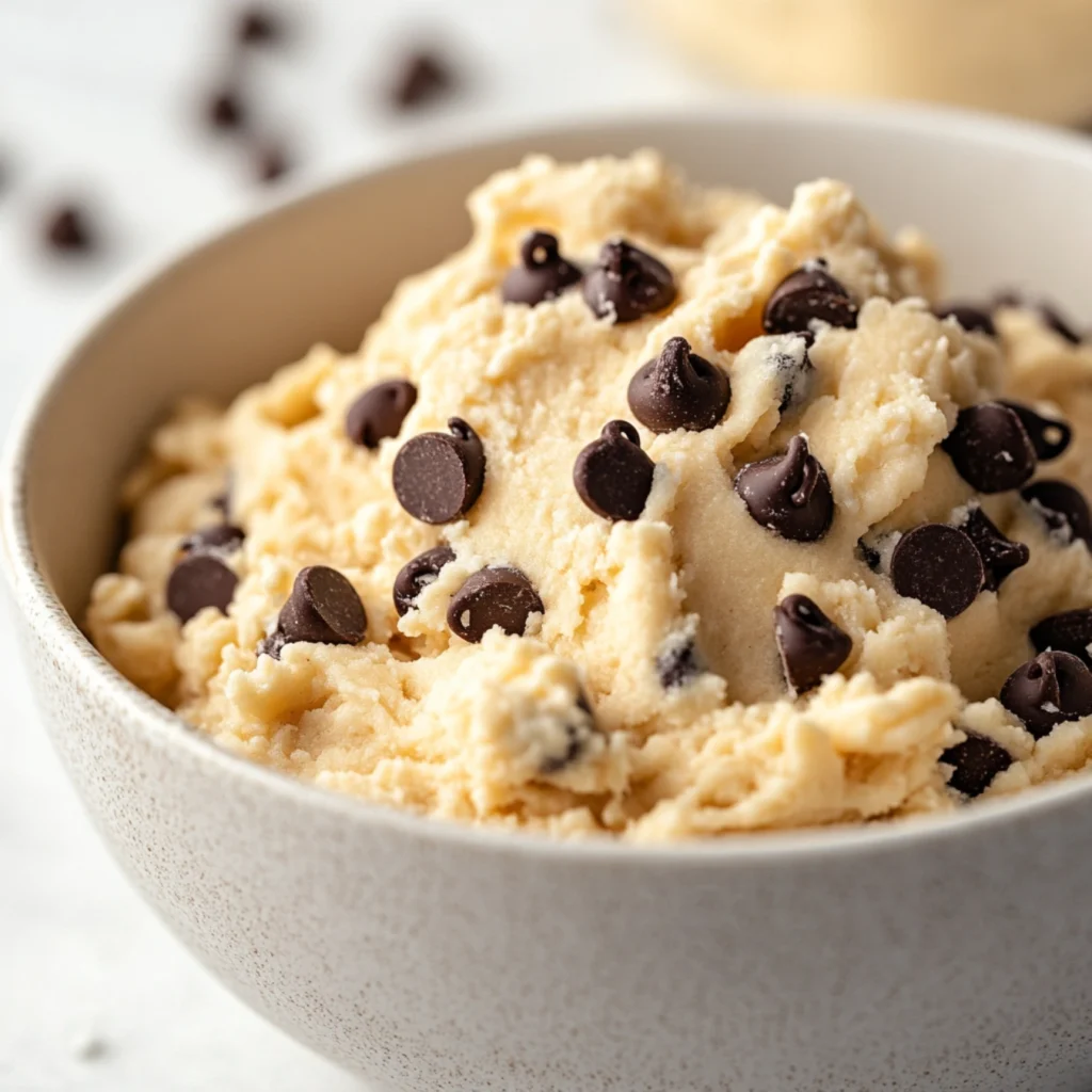 Cookie dough being mixed in a bowl with chocolate chips on the side.