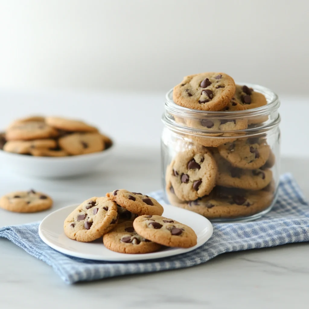 Chocolate Chip Cookie Recipe Without Brown Sugar-A jar of homemade chocolate chip cookies with a plate of cookies next to it.