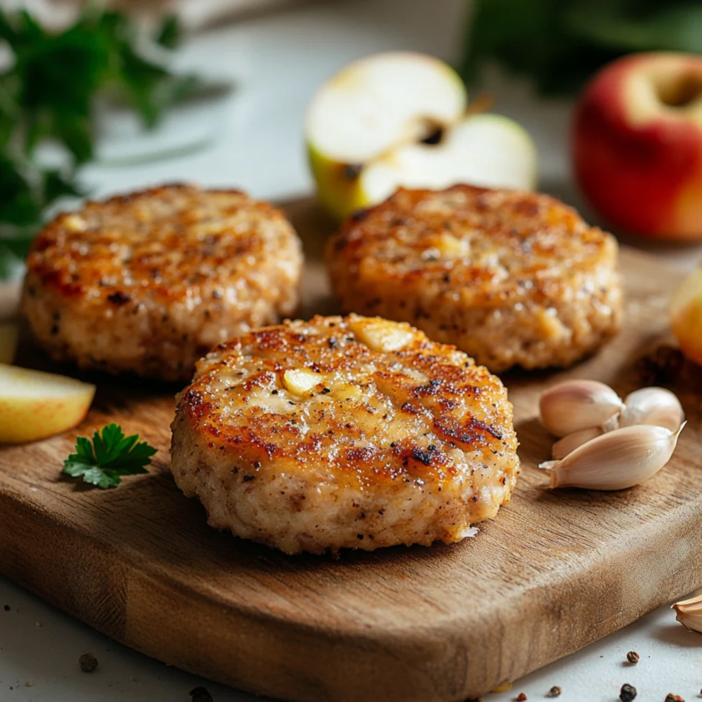 Close-up of homemade apple chicken patties on a wooden cutting board, surrounded by fresh apples, garlic, and spices in a bright white kitchen.