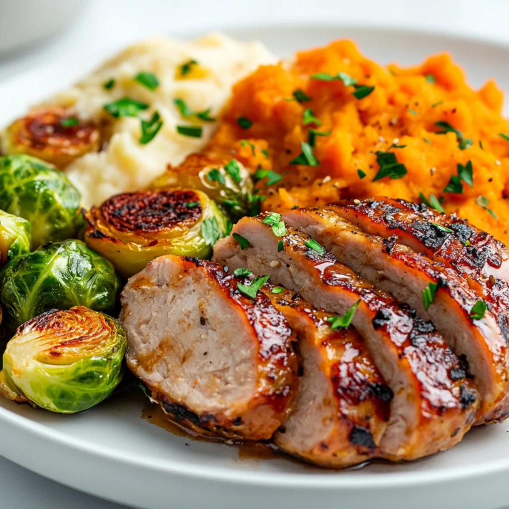 Chicken Apple Sausage Recipes-Side view of a plate with sliced chicken sausage, apples, mashed sweet potatoes, and roasted Brussels sprouts in a bright white kitchen.