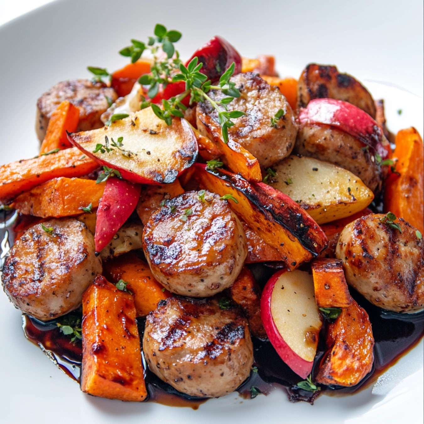 A beautifully plated dish of chicken sausage and apple slices with roasted sweet potatoes, sautéed vegetables, and balsamic drizzle in a white kitchen.