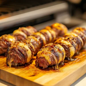 Golden-brown armadillo eggs wrapped in beef, served on a rustic wooden board with cheese oozing out, with a smoky barbecue grill in the background.