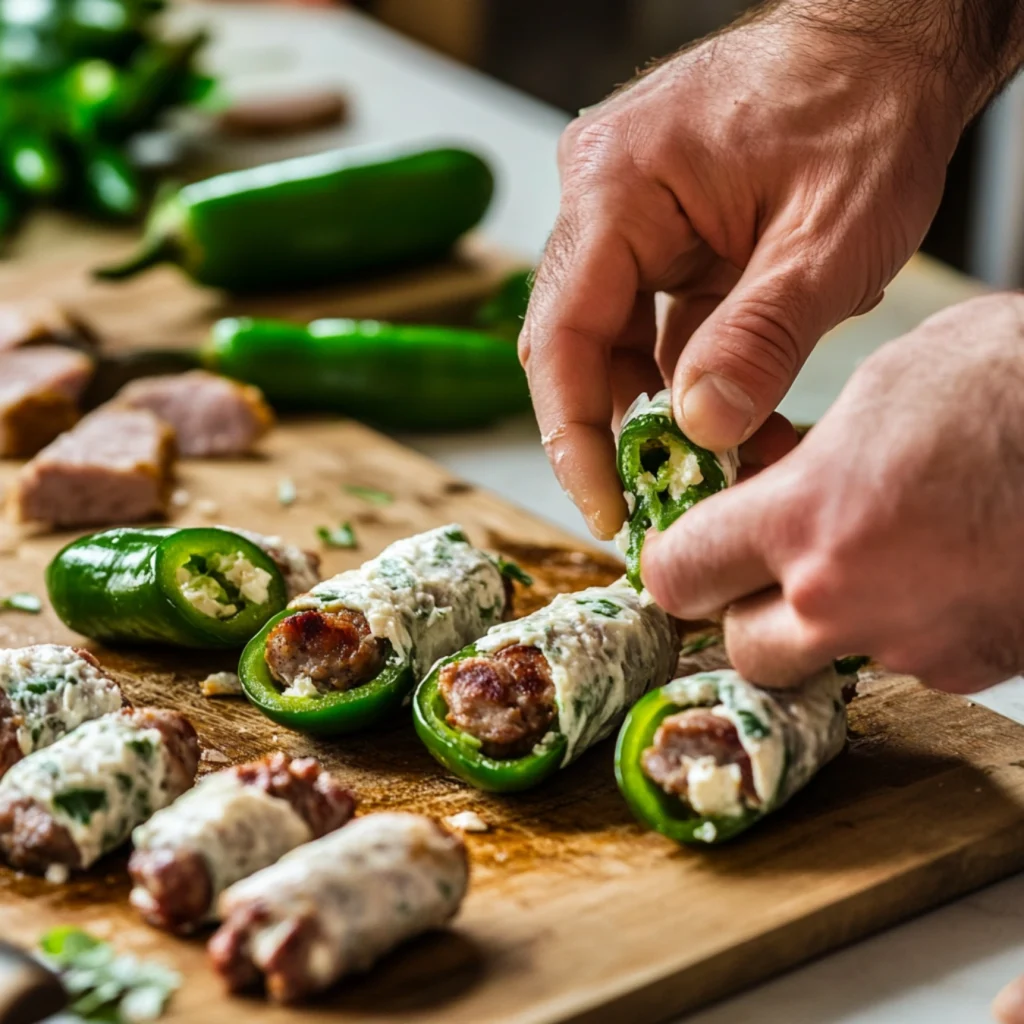 Armadillo eggs recipe-Hands stuffing halved jalapeño peppers with cream cheese and wrapping them with sausage and beef on a table in a bright white kitchen.