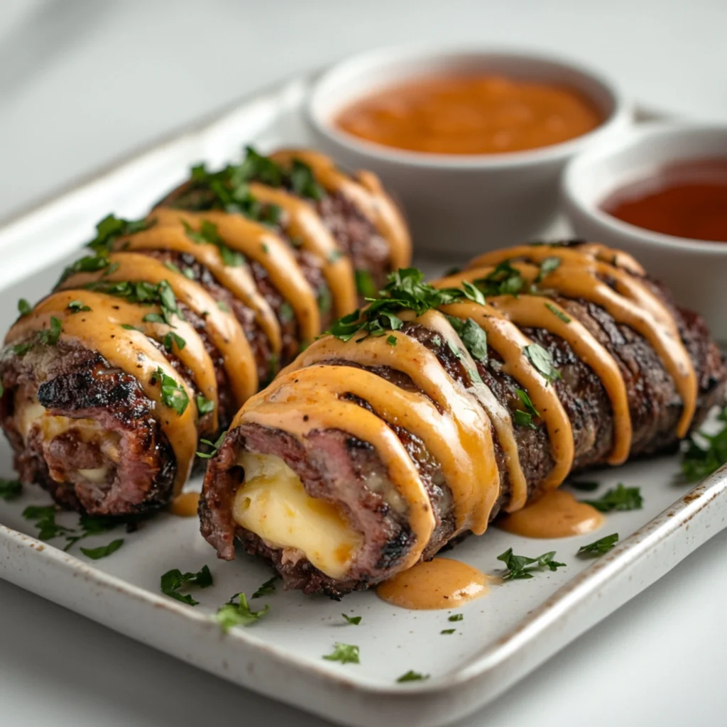 A plate of sliced armadillo eggs wrapped in beef with melted cheese, served with ranch, barbecue, and chipotle mayo on a table in a white kitchen.