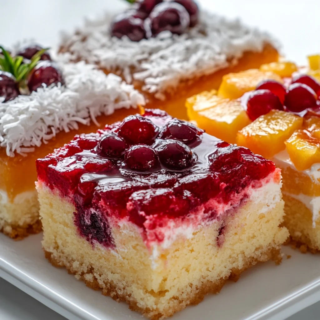 Close-up of three different cakes made with cake mix, eggs, and fruit, featuring fruit cocktail cake, pineapple coconut cake, and cherry pie cake.