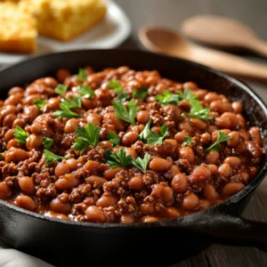 Hearty baked beans with ground beef in a cast-iron skillet.