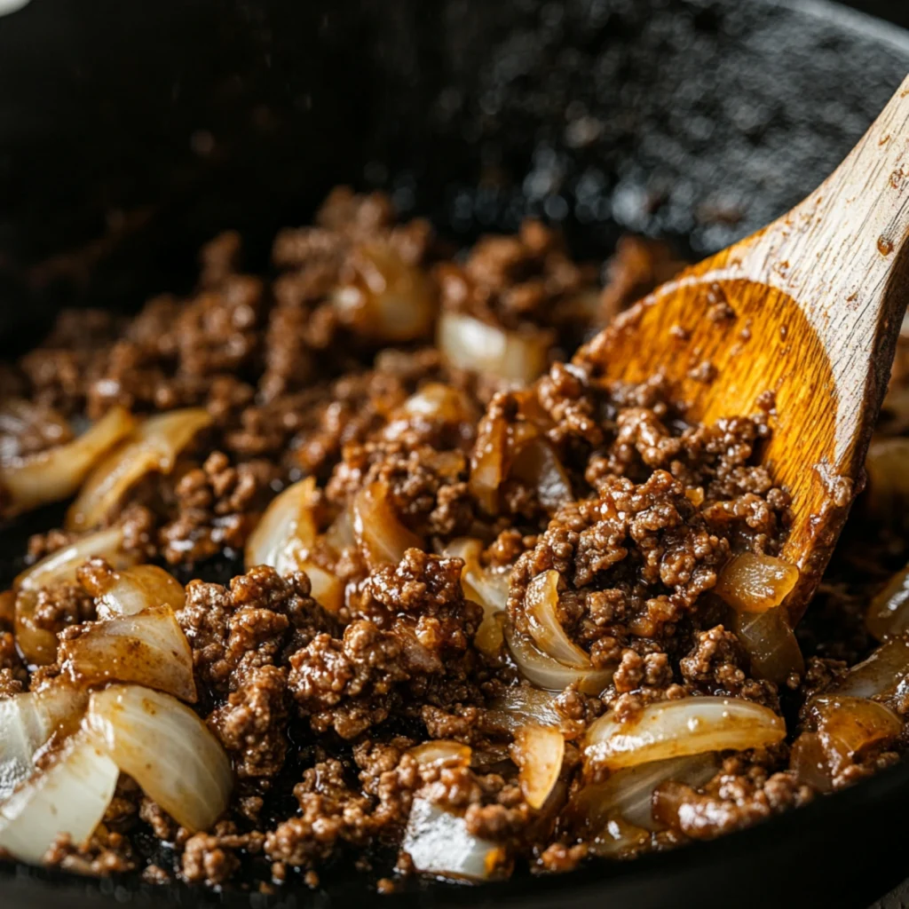 Baked Beans with Ground Beef Recipe-Ground beef browning in a skillet with onions and garlic.