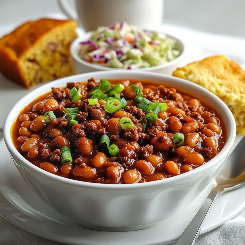 A bowl of baked beans with ground beef, garnished with green onions.