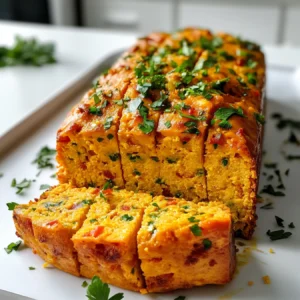 Vegan egg loaf recipe beautifully plated with fresh garnish.
