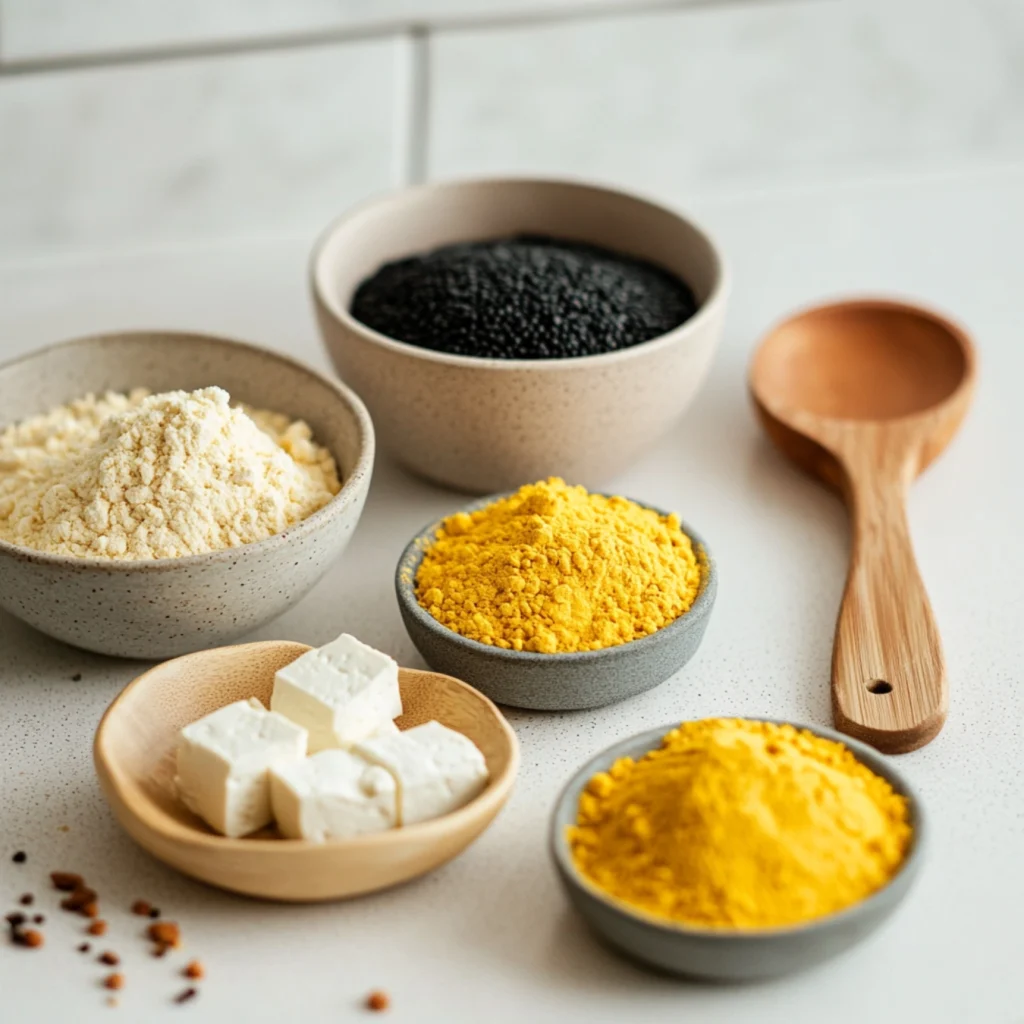 Ingredients for a vegan egg loaf recipe laid out on a kitchen counter.