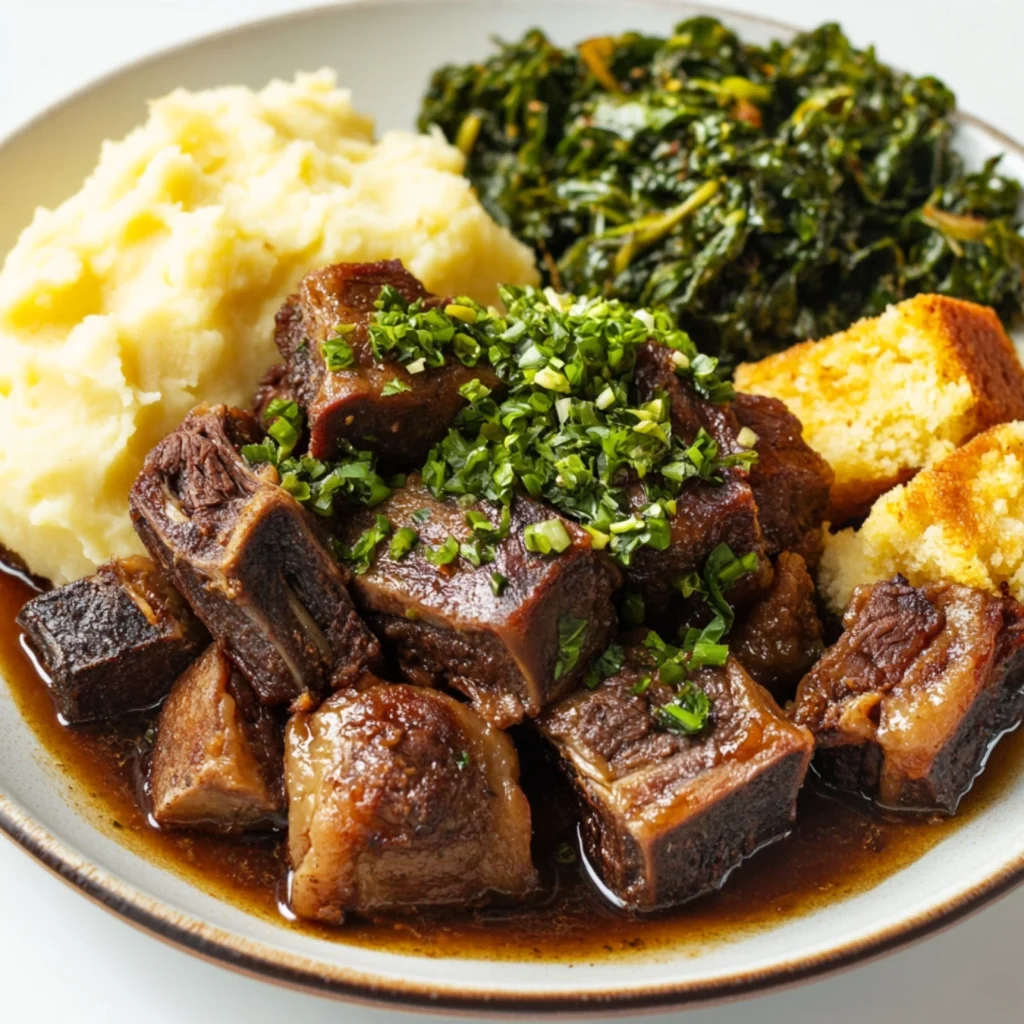 Beef neck bones served with cornbread, mashed potatoes, and greens.