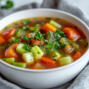 A steaming bowl of Weight Watchers vegetable soup with fresh ingredients.