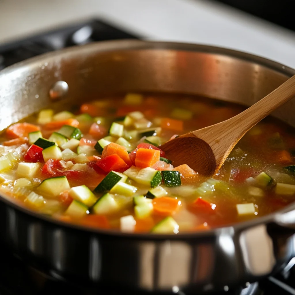 Weight Watchers soup recipes-A pot of Weight Watchers soup simmering with fresh vegetables and herbs.