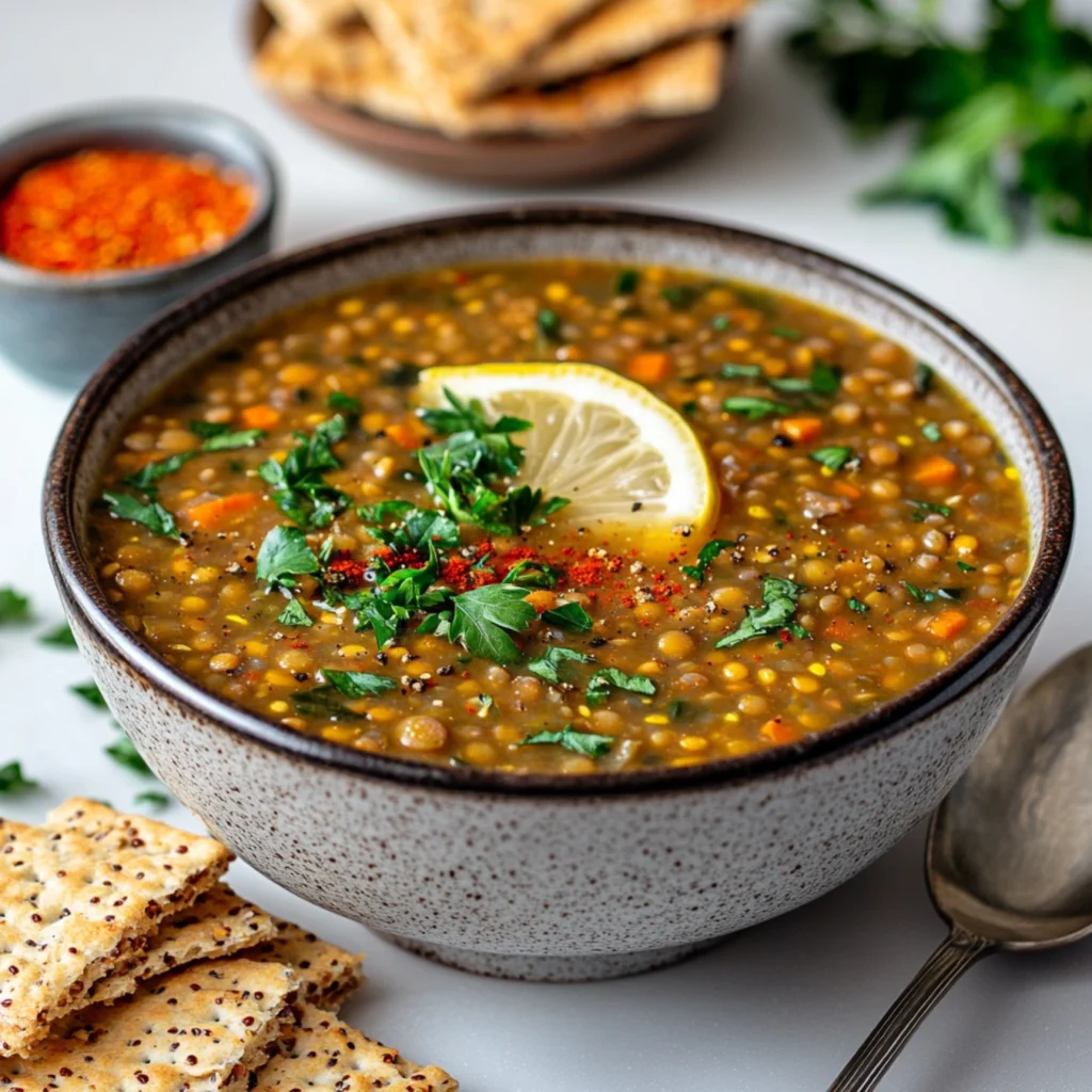 A bowl of Weight Watchers lentil soup served with fresh herbs and lemon.