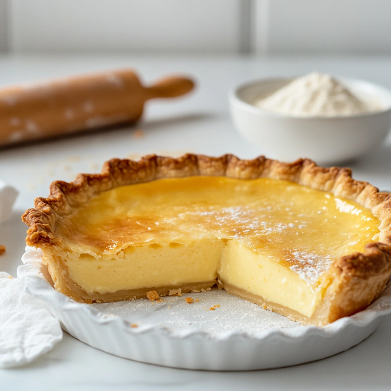 A freshly baked pie with a flaky Crisco crust on a wooden table.