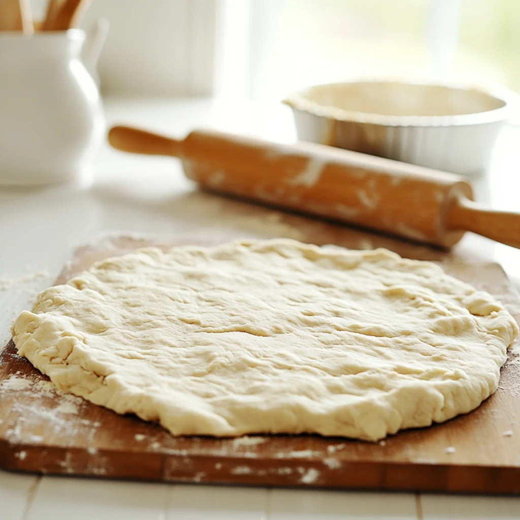 Crisco pie crust recipe-Rolled-out Crisco pie dough on a floured wooden surface with a rolling pin.