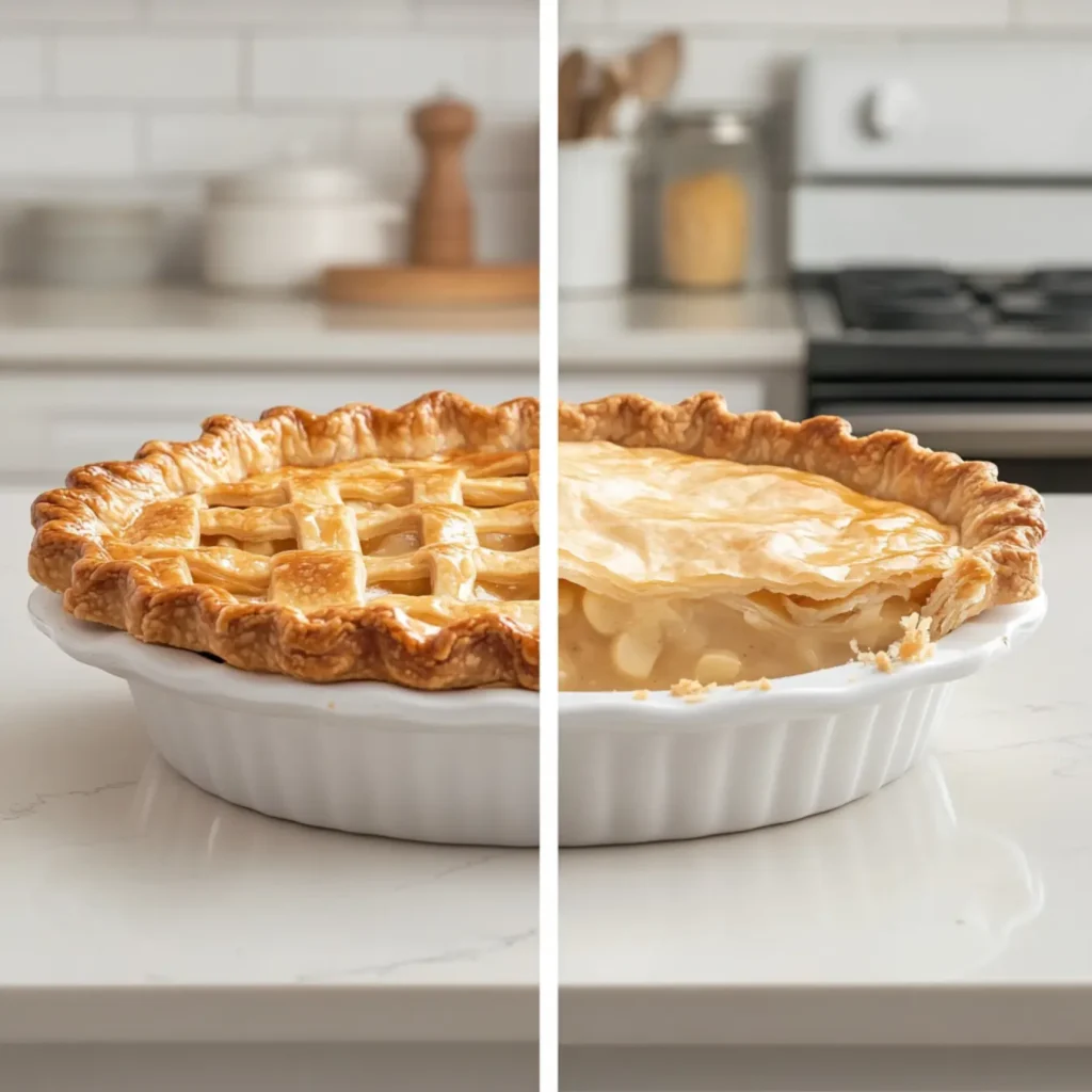 Comparison of a perfect Pillsbury pot pie and a soggy-crust mistake.